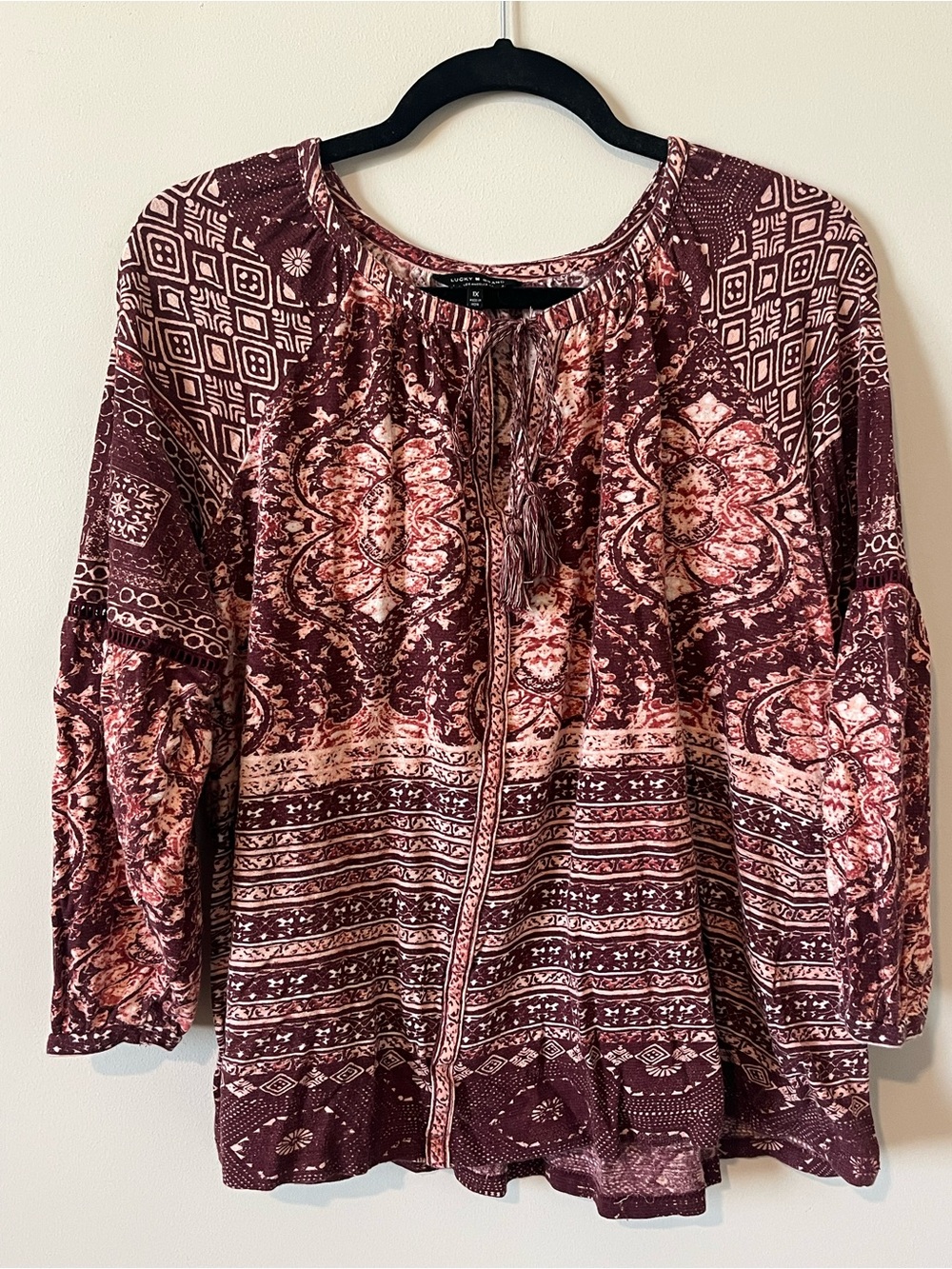 Lucky Brand Bohemian Printed Peasant Top in Burgundy